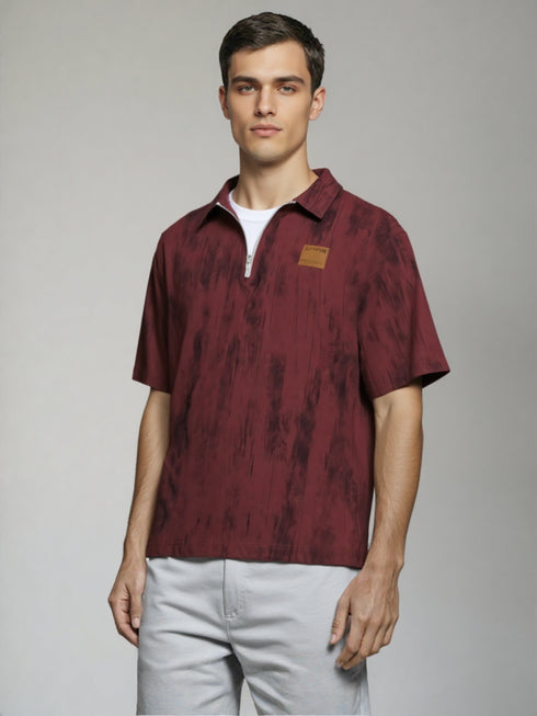 Burgundy Textured Half-Zip Oversized Polo T-Shirt for men