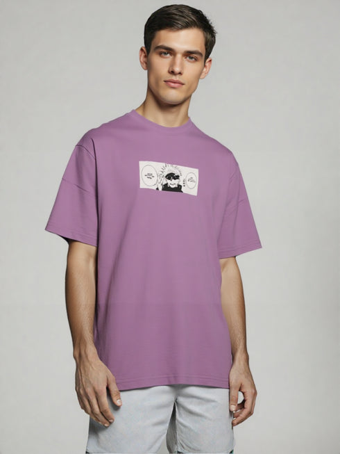 Lavender Oversized Anime Graphic T-Shirt with Japanese lettering on back