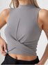 Grey ribbed sleeveless crop top with mock neck and twist front design
