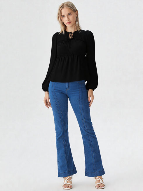 Black long sleeve peplum top with tie-up neckline