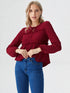 Maroon long sleeve smocked peplum top with tie-up neckline and flowy hem, women’s elegant casual wear