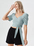 Light blue puff sleeve wrap crop top with sweetheart neckline and tie waist
