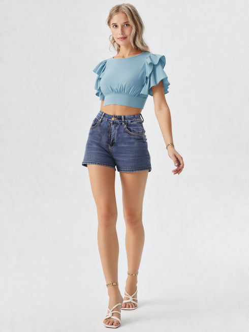 Blue ruffle sleeve crop top with layered sleeves and round neck