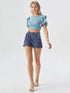 Blue ruffle sleeve crop top with layered sleeves and round neck