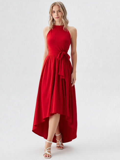 Red high-low midi dress with tie waist and halter neckline in polyester fabric, elegant women’s party wear