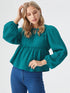 Teal peplum long sleeve top with tie-neck and puff sleeves