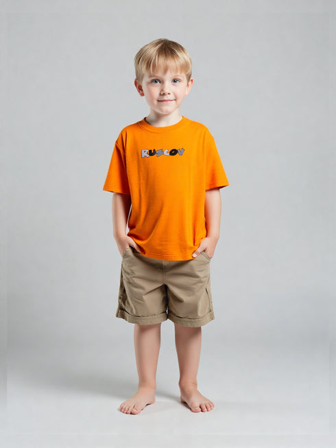 Kids Orange Ruscov Graphic T-Shirt with chest text print