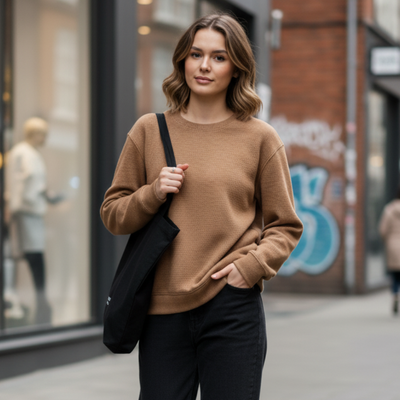 Brown minimal crewneck sweatshirt worn by a woman in a street setting