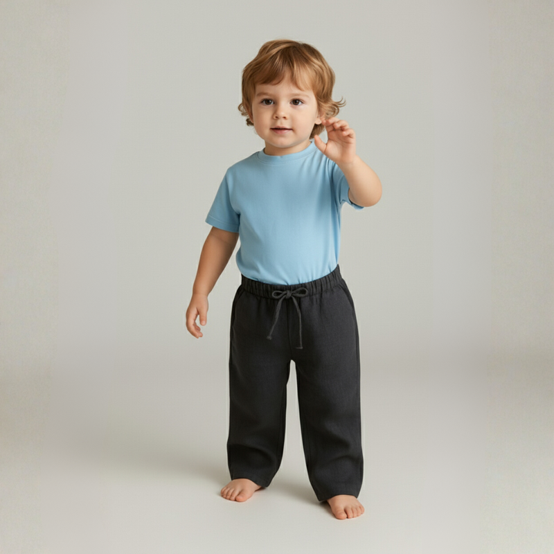 Black linen drawstring pants for boys with elastic waistband