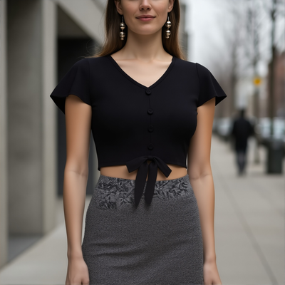 Black Flutter Sleeve Button Tie-Front Crop Top