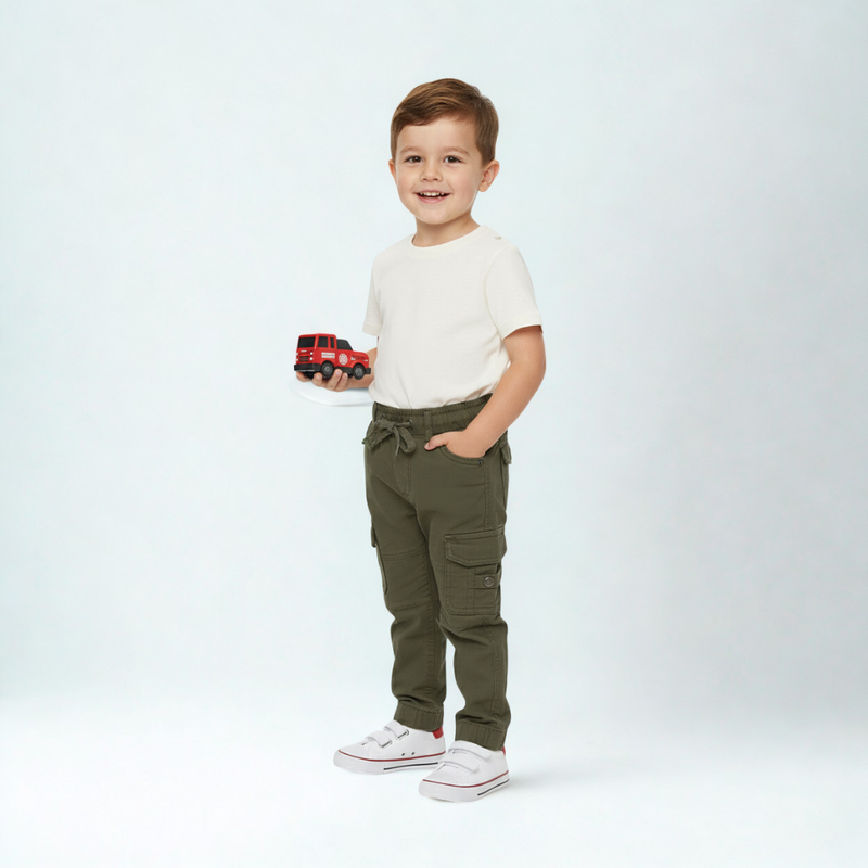 Olive green cotton cargo pants for kids with elastic waistband and flap pockets