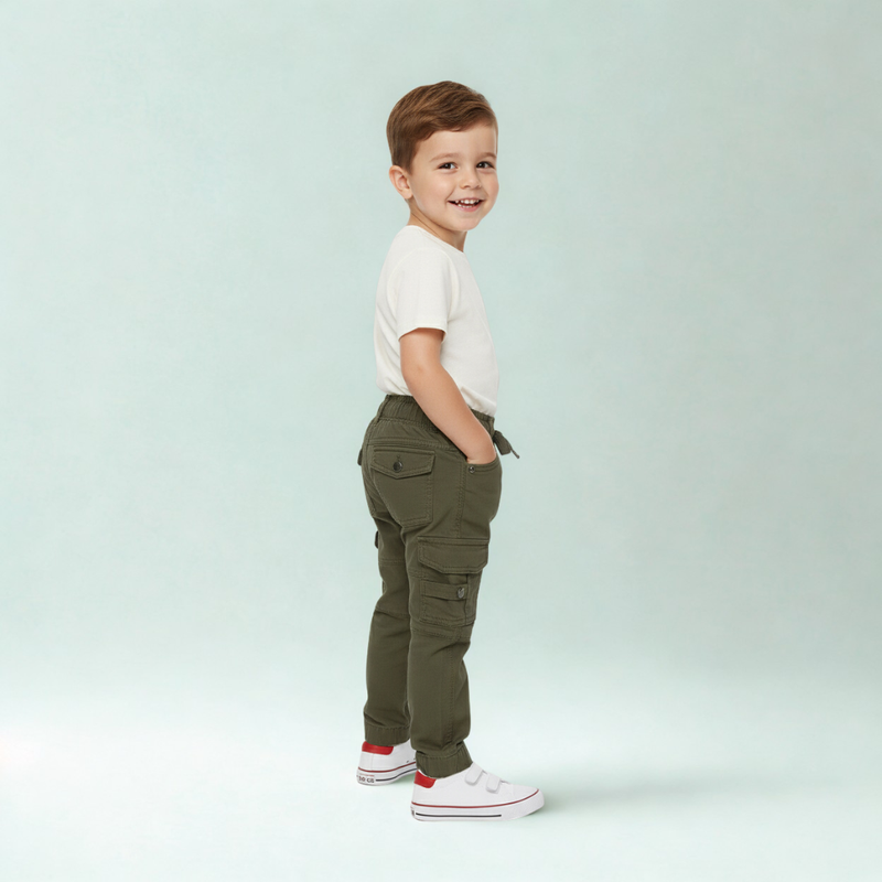 Olive green cotton cargo pants for kids with elastic waistband and flap pockets