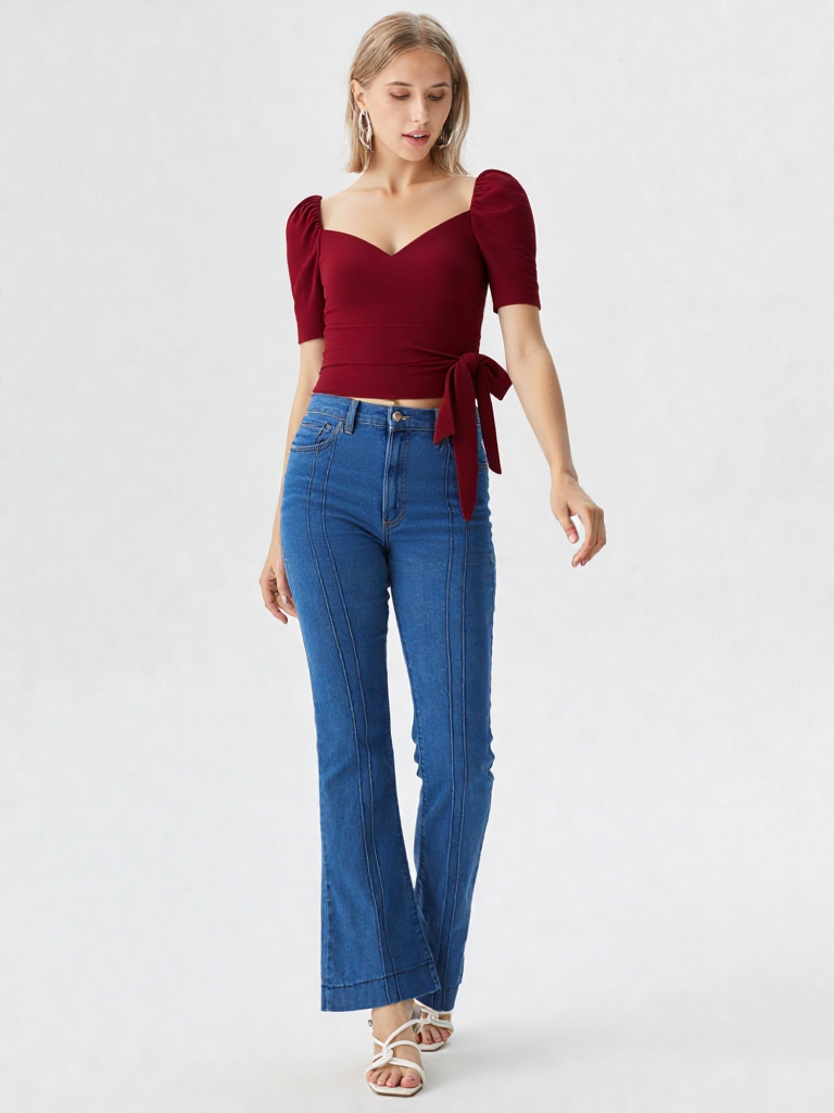 Woman wearing a wine red puff sleeve wrap top with tie waist