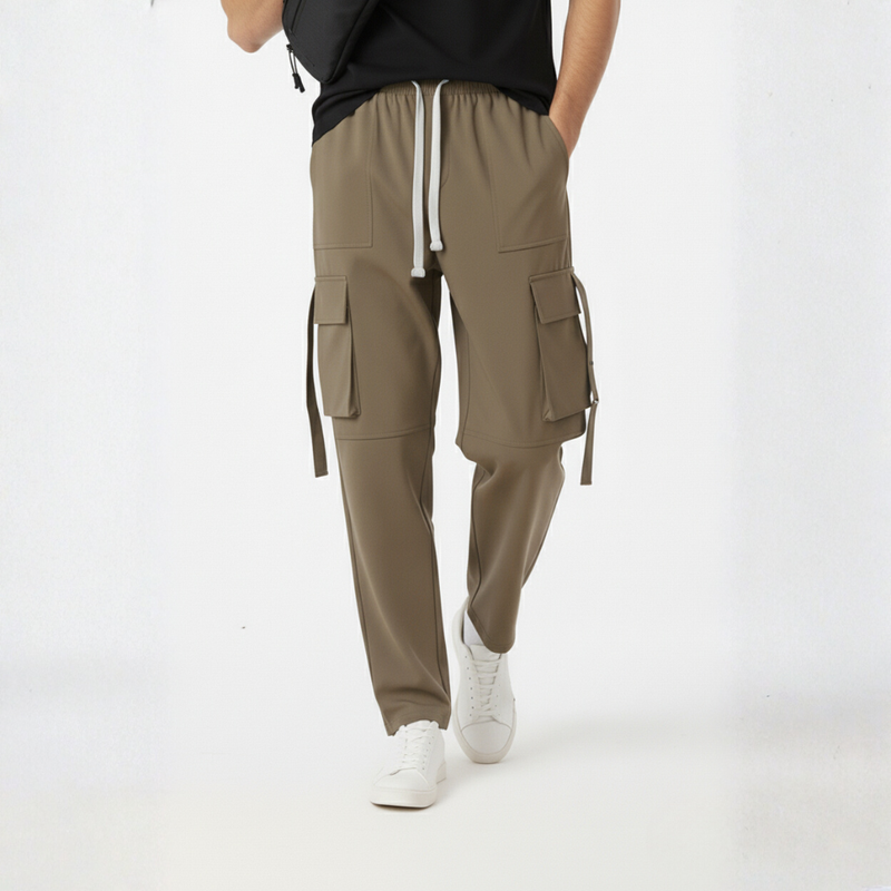 Khaki cotton blend baggy fit cargo pants for men with flap pockets and drawstring waist