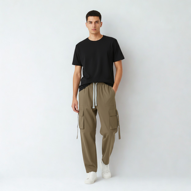 Khaki cotton blend baggy fit cargo pants for men with flap pockets and drawstring waist