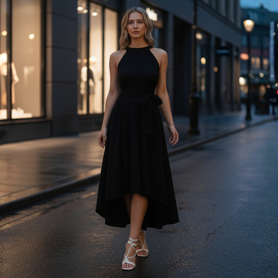 Halter Neck Asymmetrical Maxi Dress - Black