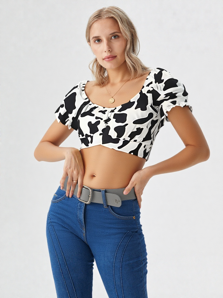 Woman wearing white cow print ruched puff sleeve crop top with puff sleeves and denim jeans  