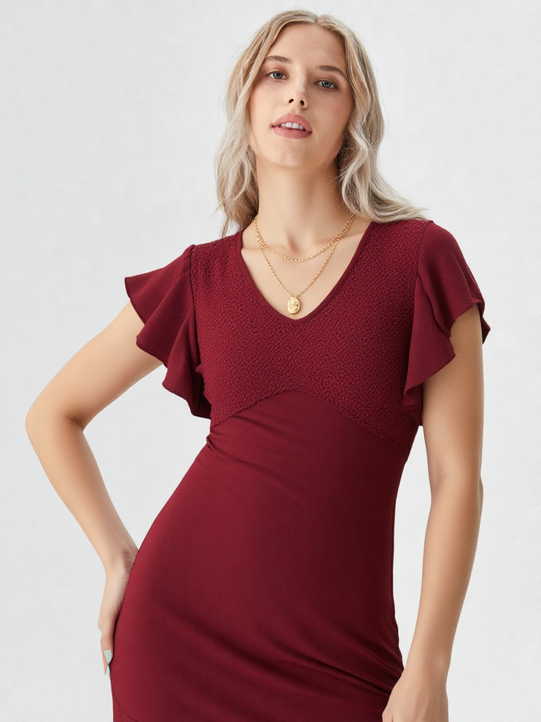 Maroon flutter sleeve midi dress with V-neck and ruffle slit hem