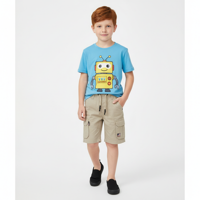 Beige cotton cargo shorts for kids with elastic waistband and side pockets