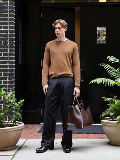 Men’s Brown Classic Crewneck Sweater paired with black trousers