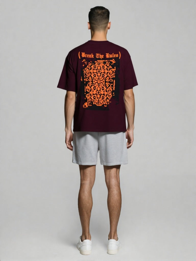Maroon Oversized T-Shirt with bold orange "Break The Rules" back graphic