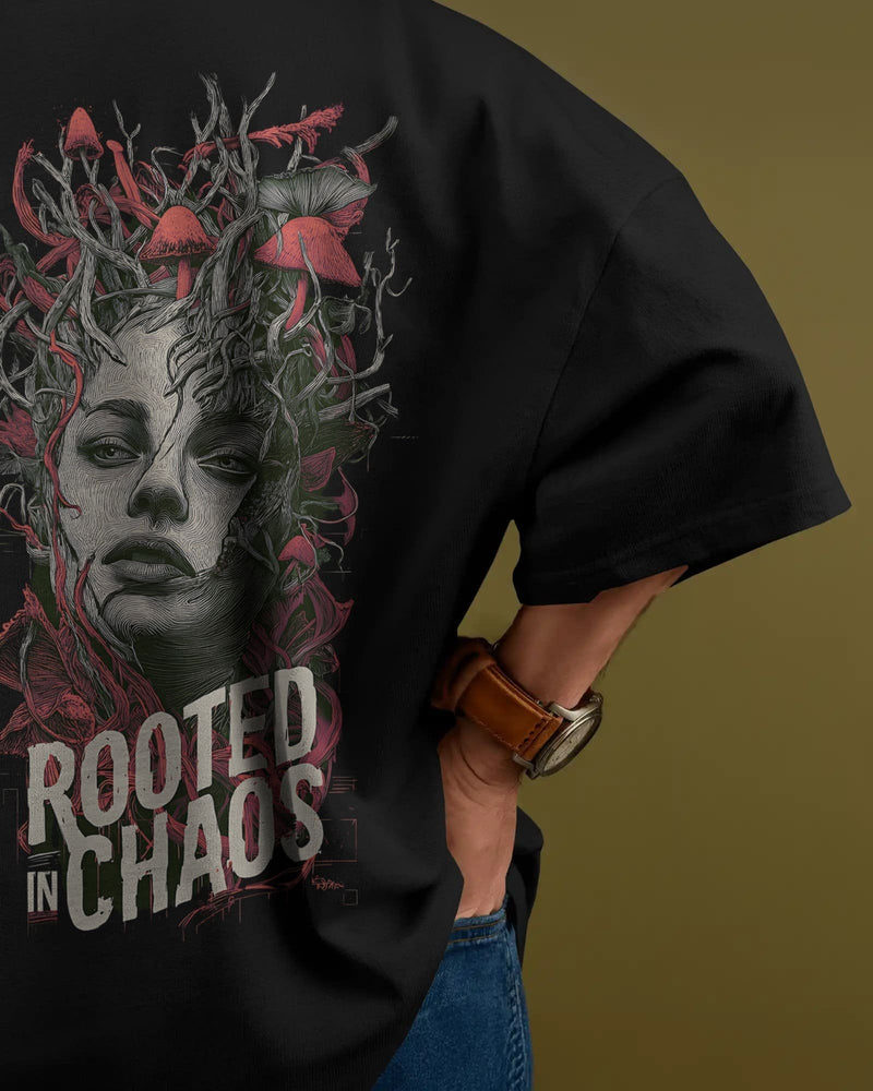 Rooted in Chaos unisex oversized terry cotton t-shirt with a relaxed streetwear fit