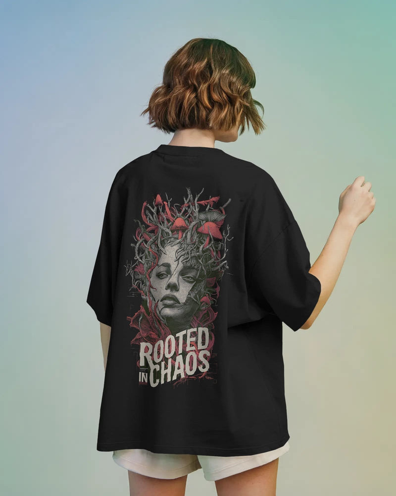 Rooted in Chaos unisex oversized terry cotton t-shirt with a relaxed streetwear fit