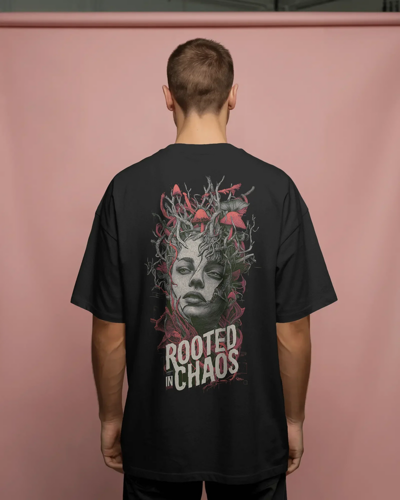 Rooted in Chaos unisex oversized terry cotton t-shirt with a relaxed streetwear fit