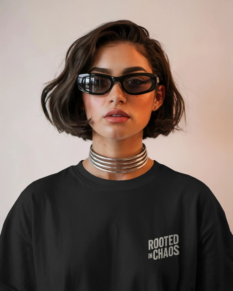 Rooted in Chaos unisex oversized terry cotton t-shirt with a relaxed streetwear fit