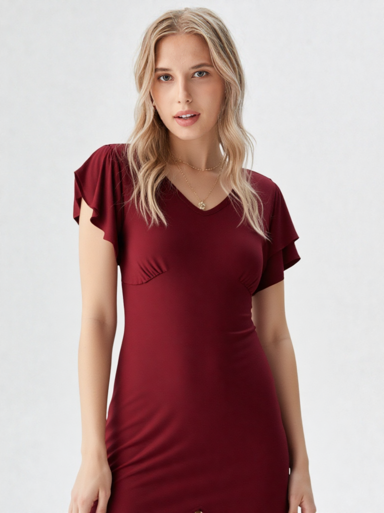 Maroon flutter sleeve midi dress with V-neck and ruffle slit hem