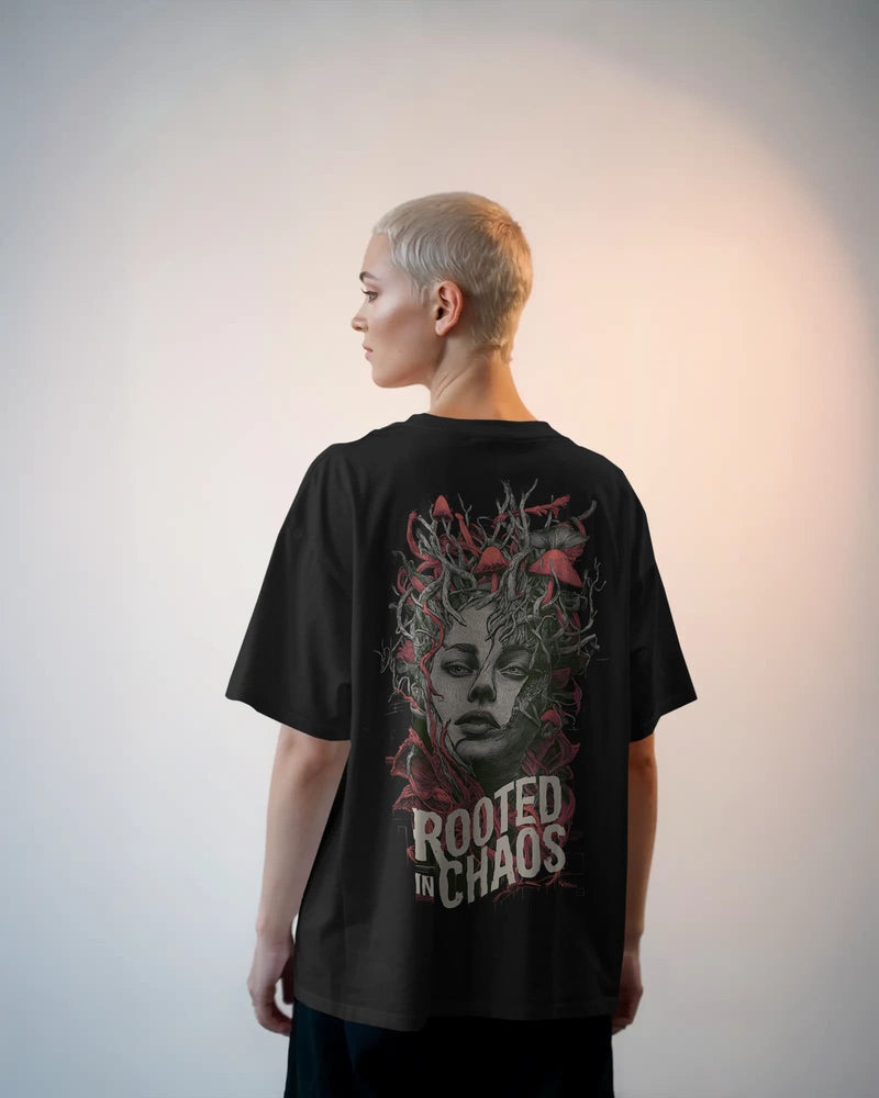 Rooted in Chaos unisex oversized terry cotton t-shirt with a relaxed streetwear fit