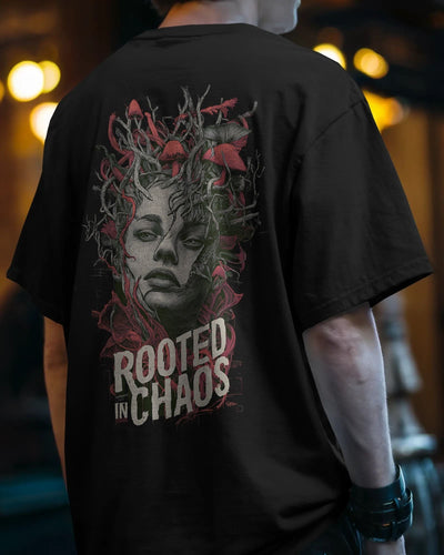 Rooted in Chaos unisex oversized terry cotton t-shirt with a relaxed streetwear fit