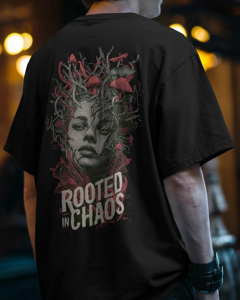 Rooted in Chaos unisex oversized terry cotton t-shirt with a relaxed streetwear fit