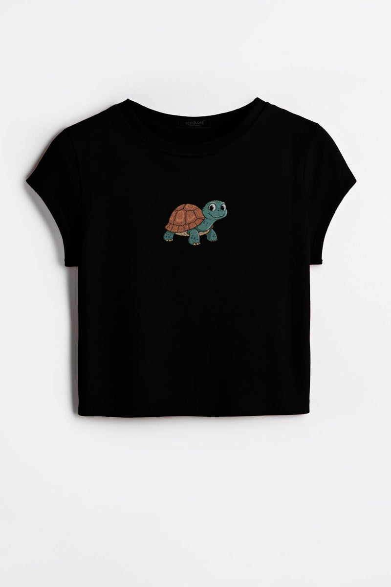 Women’s Black Cartoon Turtle Crop Top - Echolope